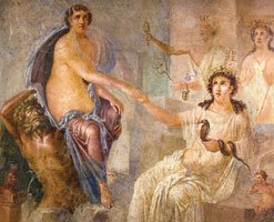 Isis, diosa de la fertilidad, recibe a Io en Egipto. (detalle, fresco del Templo de Isis en Pompeya, Museo Archeologico Nazionale Napoles, Italia)