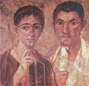 Retrato atribuido al panadero Publio Paquio Próculo y su esposa,  en una casa de Pompeya; fechado en el siglo I,entre los años 50 y 74 a.c.