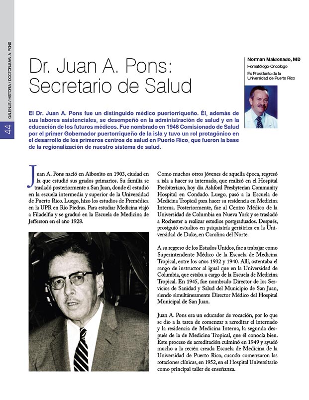 Historia de la Medicina de Puerto Rico: El doctor Juan A. Pons: Secretario de Salud