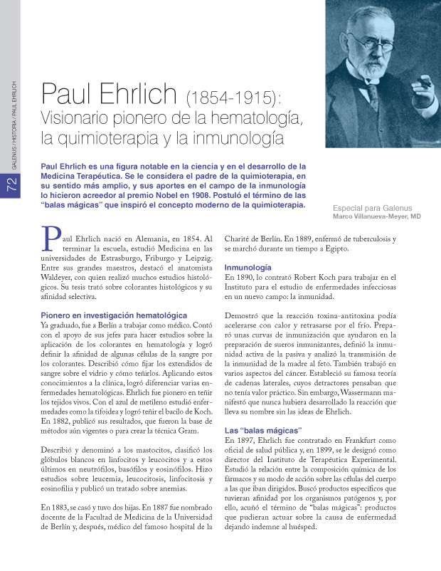 Paul Ehrlich (1854-1915): Visionario pionero de la hematología, la quimioterapia y la inmunología