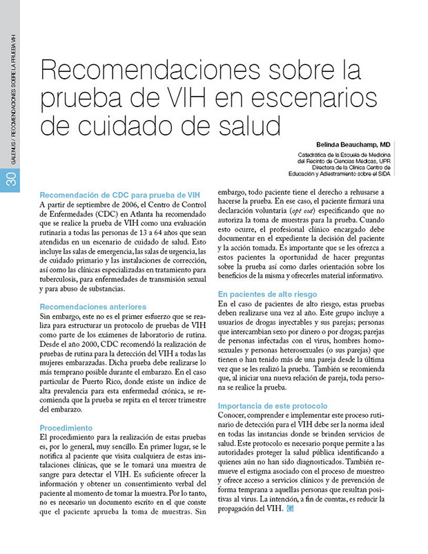 Recomendaciones sobre la  prueba de VIH en escenarios  de cuidado de salud