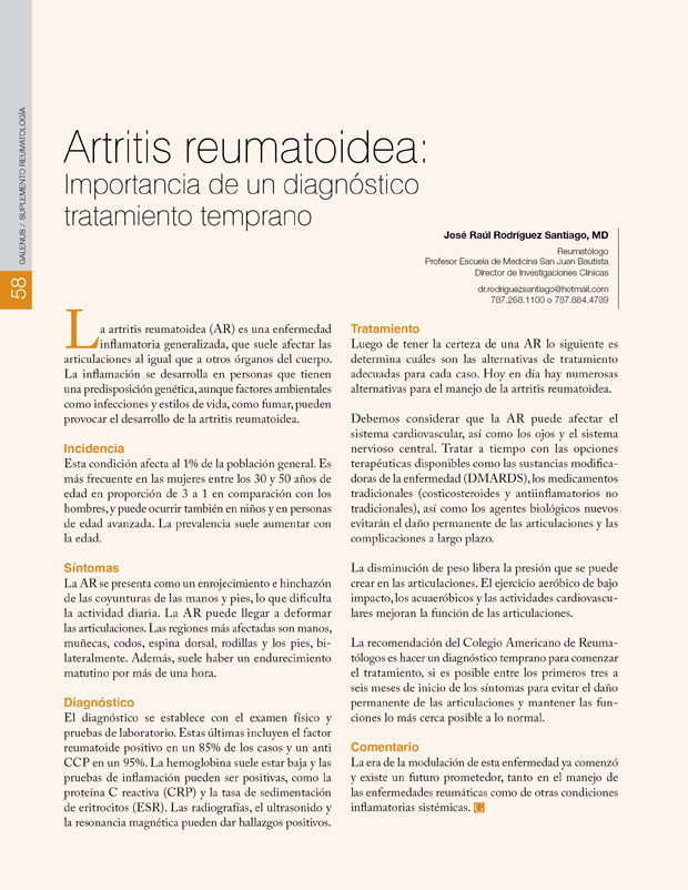 Artritis reumatoidea: Importancia de un diagnóstico tratamiento temprano