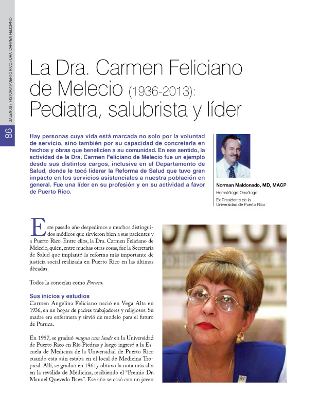 La Dra. Carmen Feliciano de Melecio (1936-2013): Pediatra, salubrista y líder