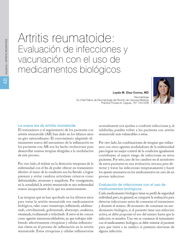 Artritis reumatoide: Evaluación de infecciones y vacunación con el uso de medicamentos biológicos