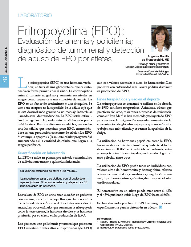 Laboratorio: Eritropoyetina (EPO): Evaluación de anemia y policitemia; diagnóstico de tumor renal y detección de abuso de EPO por atletas