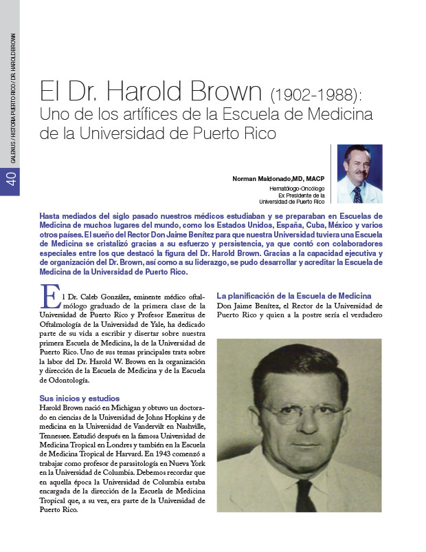 Historia de la Medician de Puerto Rico: El Dr. Harold Brown (1902-1988): Uno de los artífices de la Escuela de Medicina de la Universidad de Puerto Rico