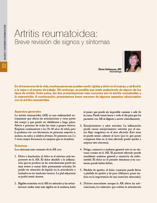 Artritis reumatoidea: Breve revisión de signos y síntomas