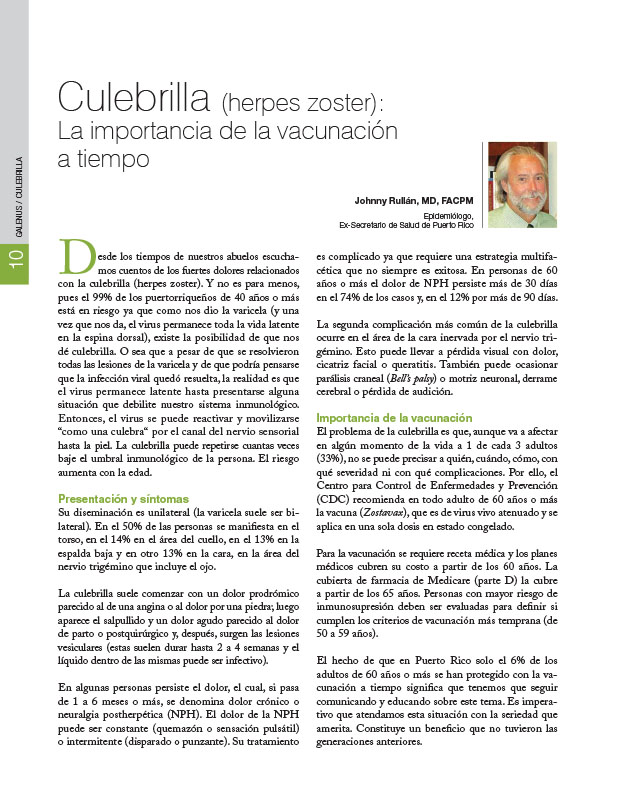 Editorial invitado: Culebrilla (herpes zoster): La importancia de la vacunación a tiempo