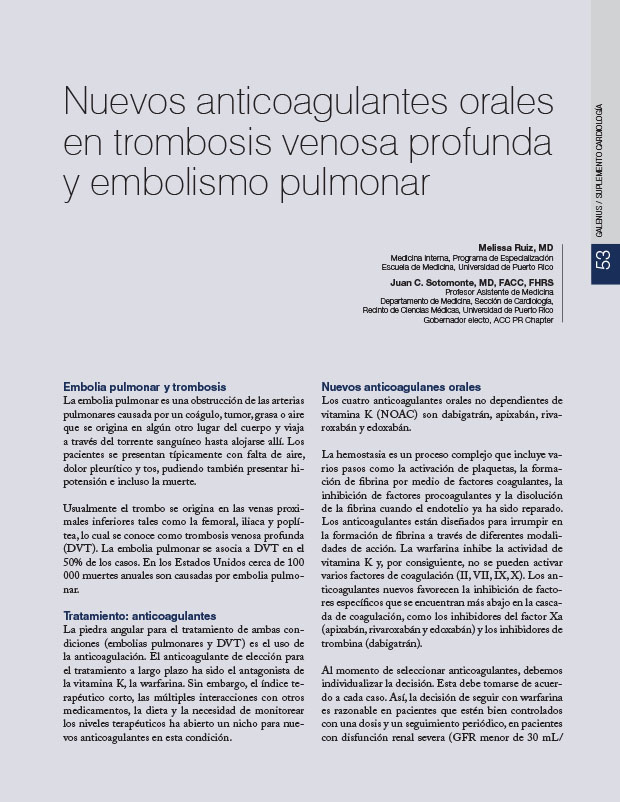 Nuevos anticoagulantes orales en trombosis venosa profunda y embolismo pulmonar