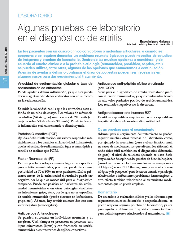 Algunas pruebas de laboratorio para el diagnóstico de artritis