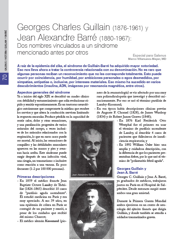 Historia de la Medicina: Georges Charles Guillain (1876-1961) y Jean Alexandre Barré (1880-1967): Dos nombres vinculados a un síndrome mencionado antes por otros.